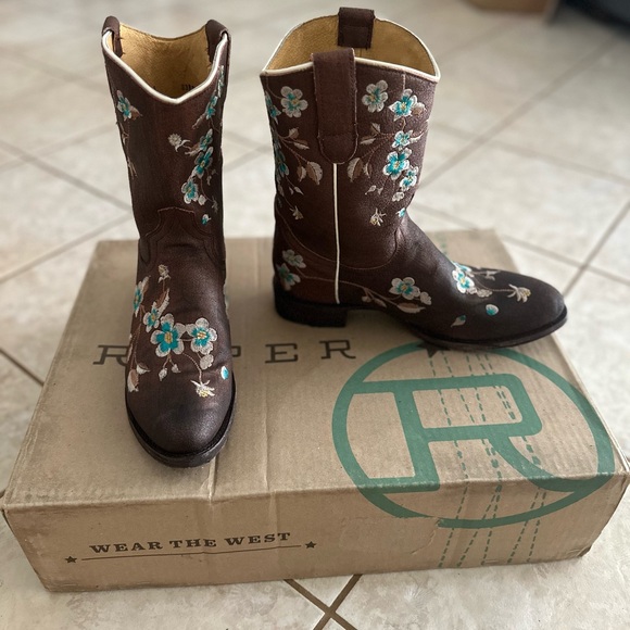 Roper Alabama Embroidered Flowers Blue Floral Boots Cowboy 8 Brown Leather - Picture 1 of 14